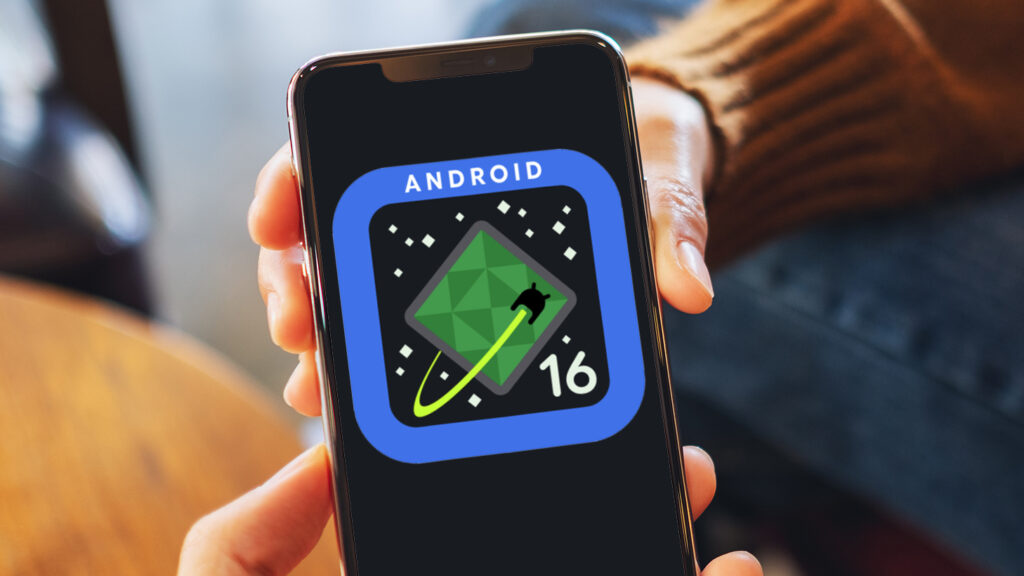 An artistic render of a smartphone showcasing the features of Android 16 with futuristic UI elements.